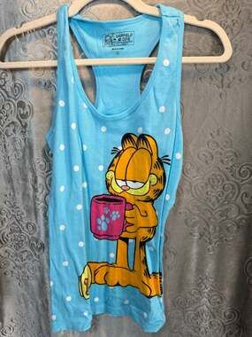 Garfield and Odie Blue Polka Dot Racerback Tank Top Size L